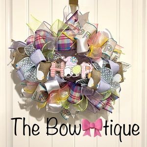 13” Easter Ribbon Wreath "HOP" Gnome & Colorful Tailed Bunny Handmade MW5